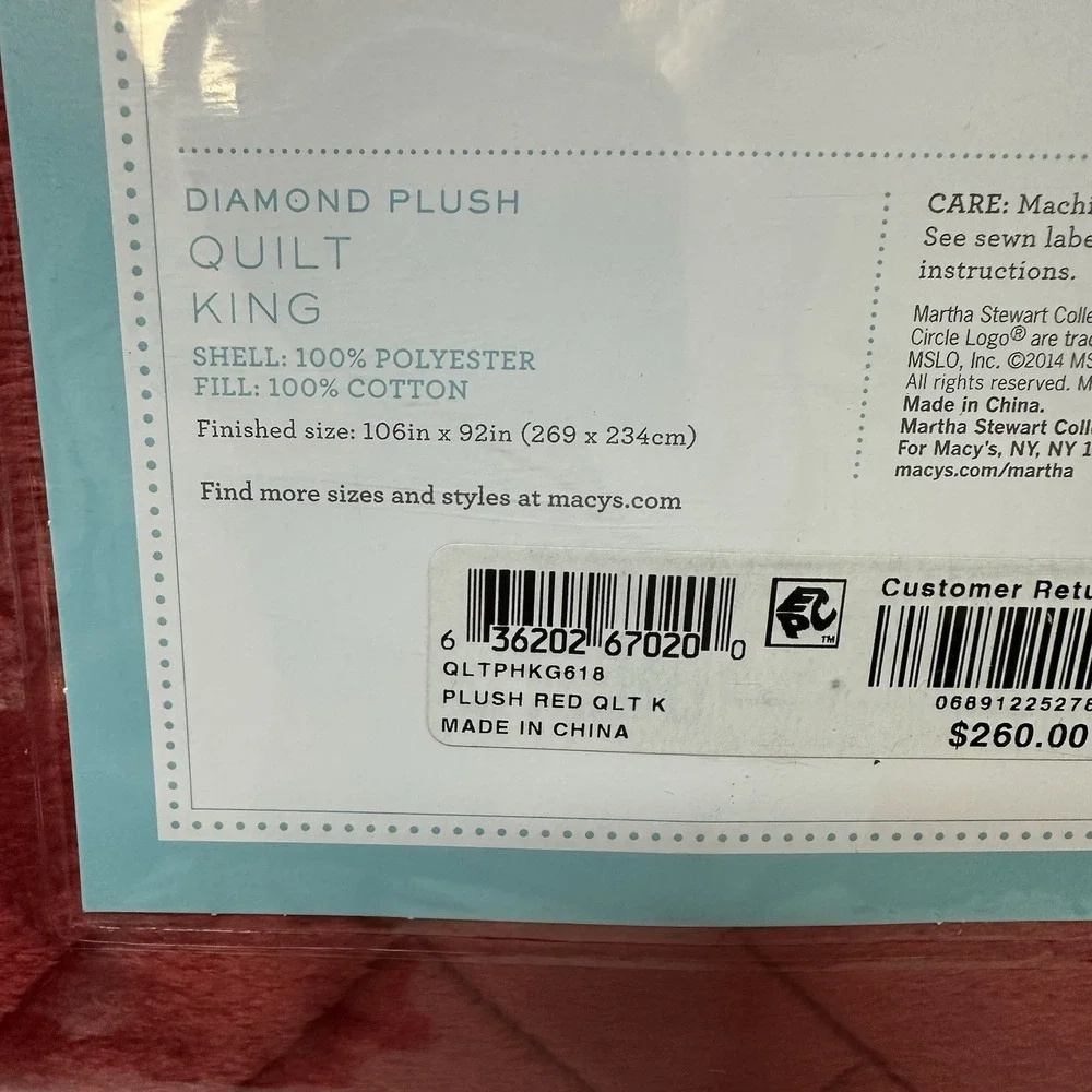 Martha Stewart Diamond Plush Quilt King Bedspread & 2 Standard Shams Red NEW